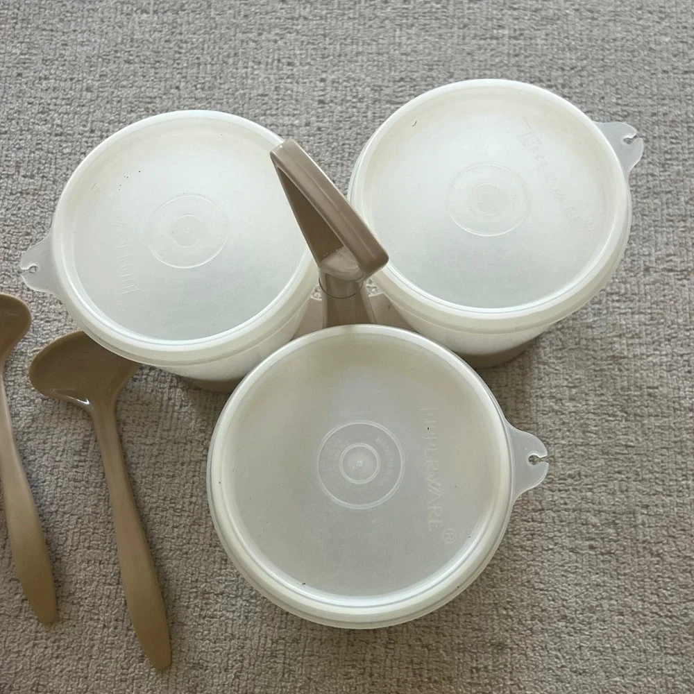 Vintage Tupperware Condiment Caddy Server Cream Tan 757-3 with Lids and Ladles